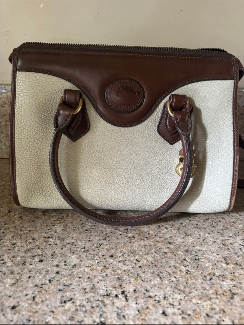Dooney & Bourke Cream and Brown Pebbled Leather Top-Handle Satchel